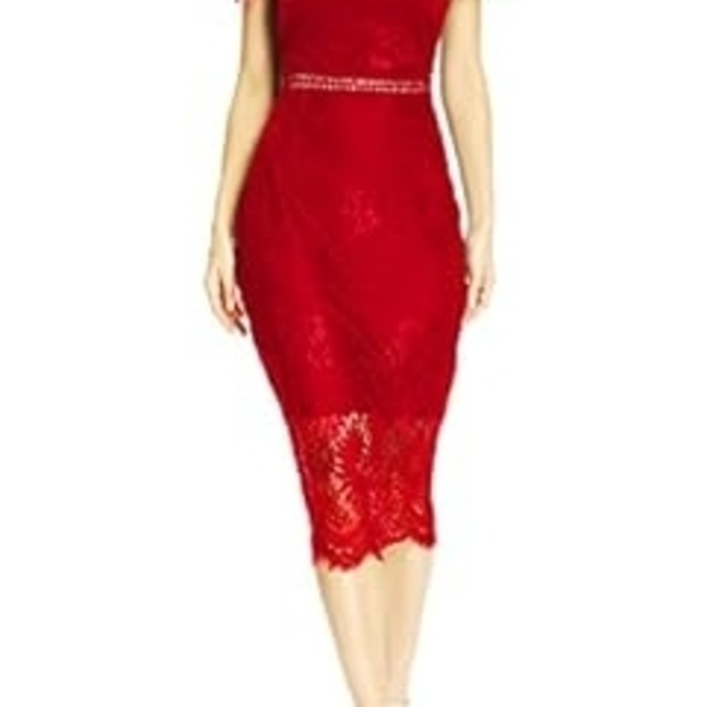 ALLANDWELL Women's Red Floral Lace Short Sleeve Knee-high Length Bodycon